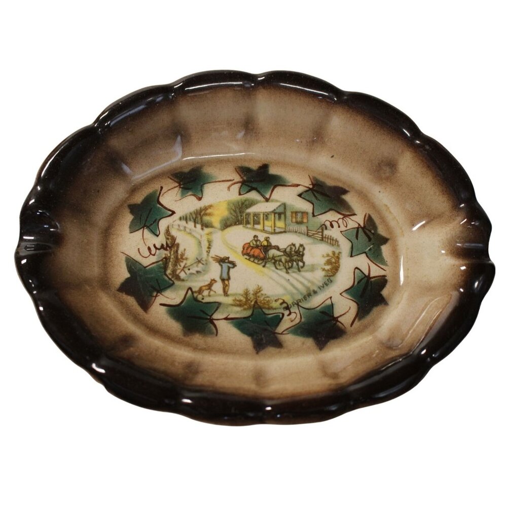 Vintage Currier & Ives Oval Ashtray 1950s Winter Horse & Sleigh Design Made In U